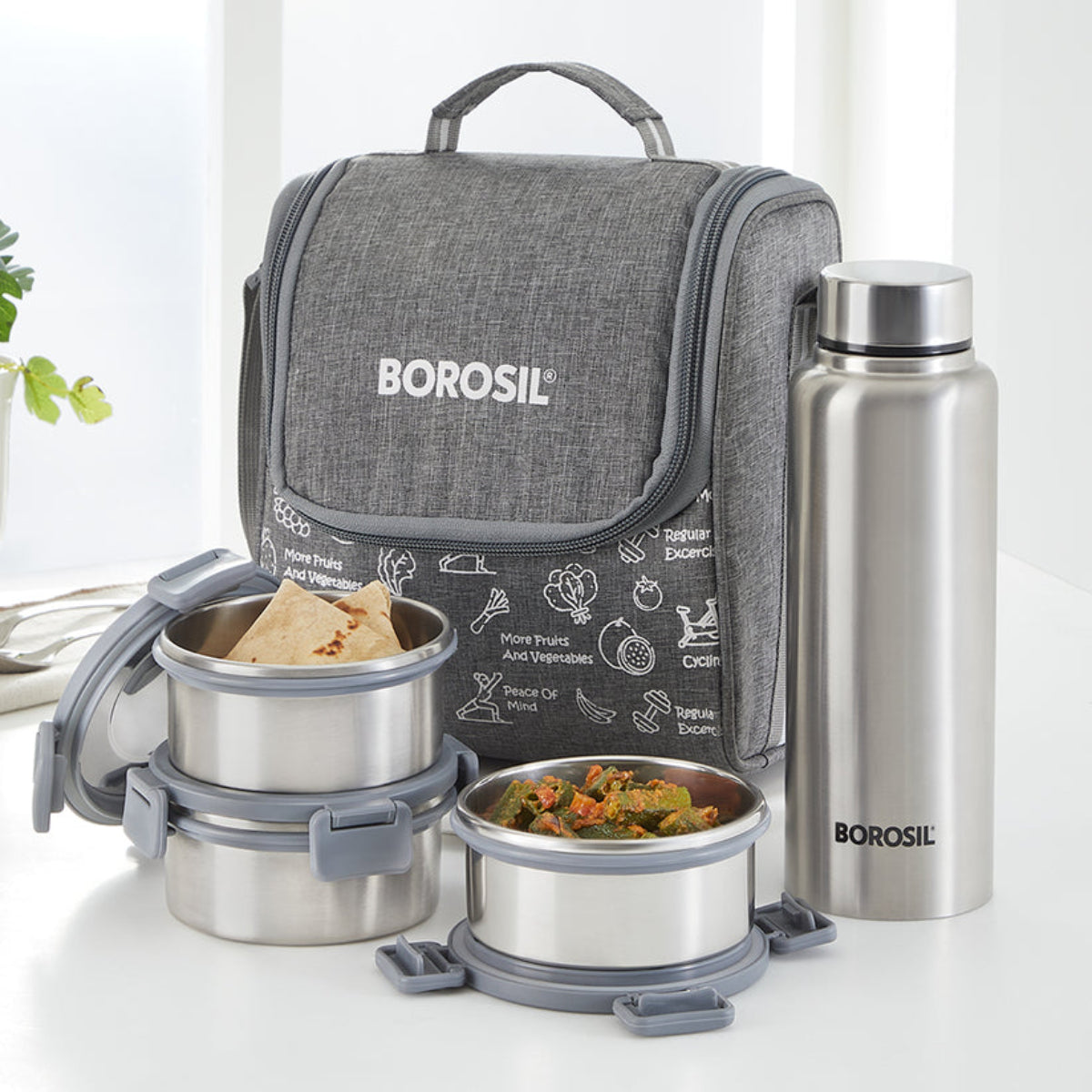 Borosil Slate Round Stainless Steel Lunchbox Set of 4, 280ml x 3 + 600ml (Bottle)