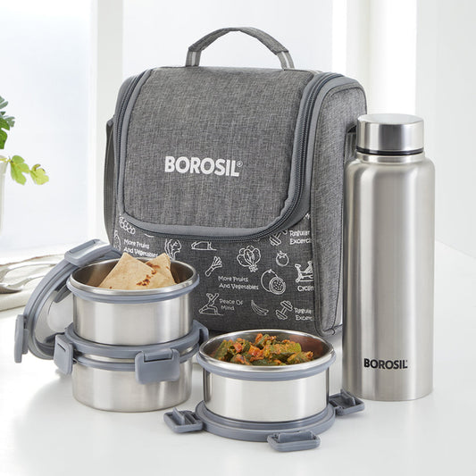 Borosil Slate Round Stainless Steel Lunchbox Set of 4, 280ml x 3 + 600ml (Bottle)