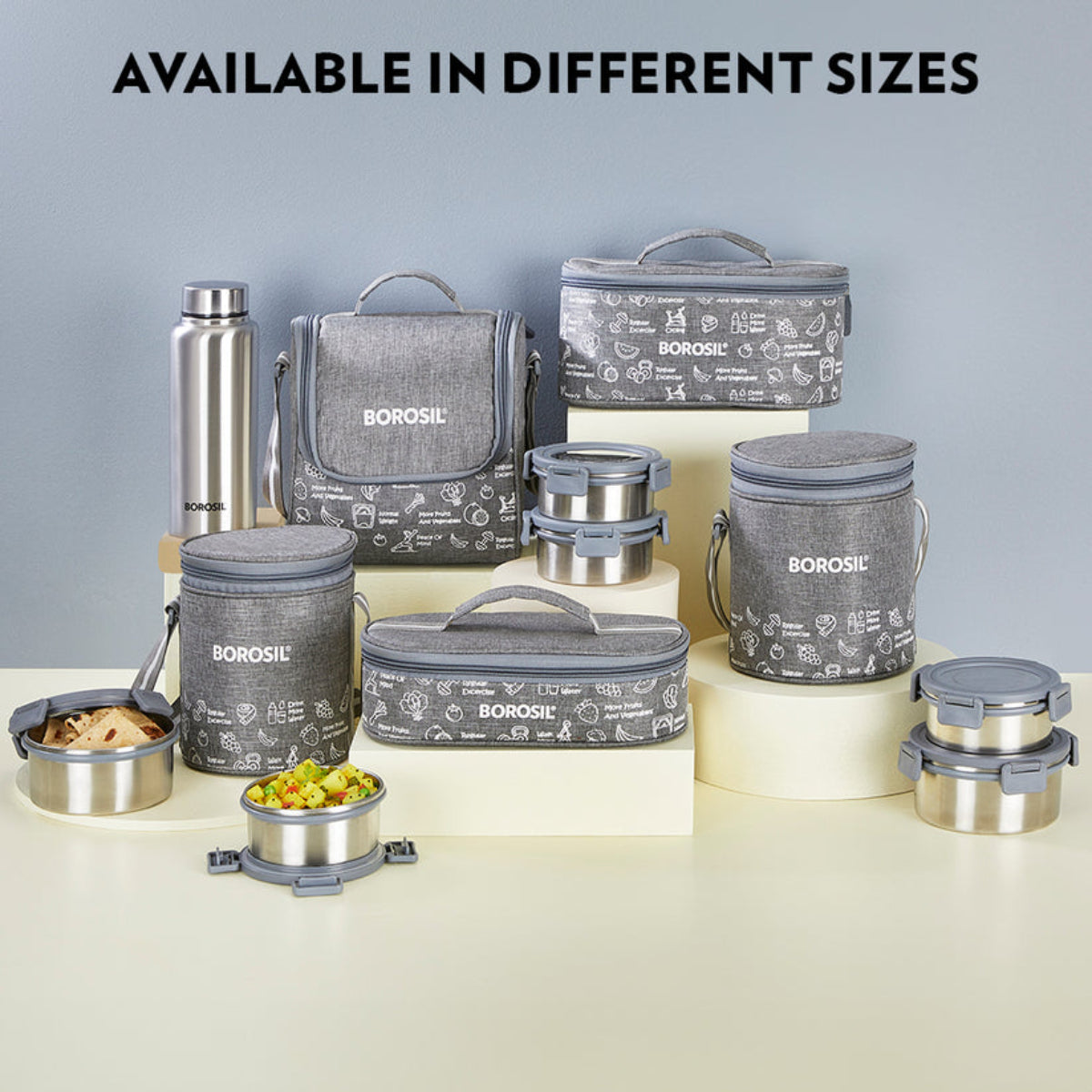 Borosil Slate Round Stainless Steel Lunchbox Set of 4, 280ml x 3 + 600ml (Bottle)