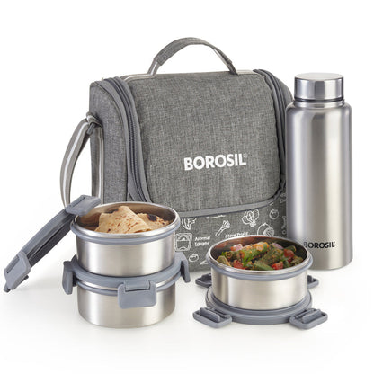 Borosil Slate Round Stainless Steel Lunchbox Set of 4, 280ml x 3 + 600ml (Bottle)
