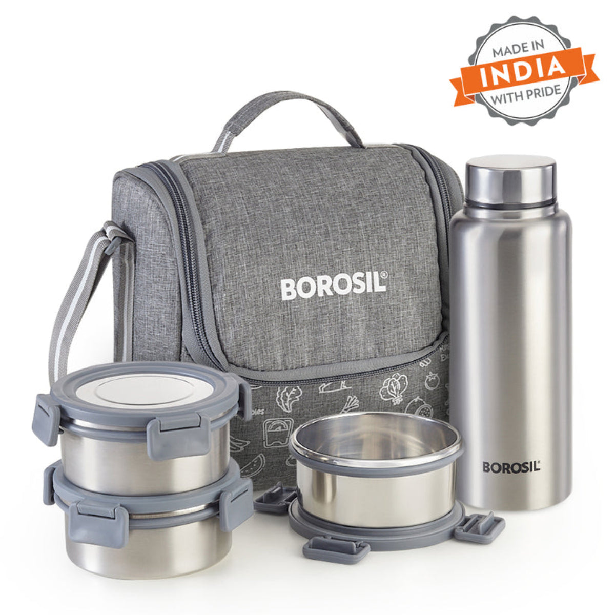 Borosil Slate Round Stainless Steel Lunchbox Set of 4, 280ml x 3 + 600ml (Bottle)