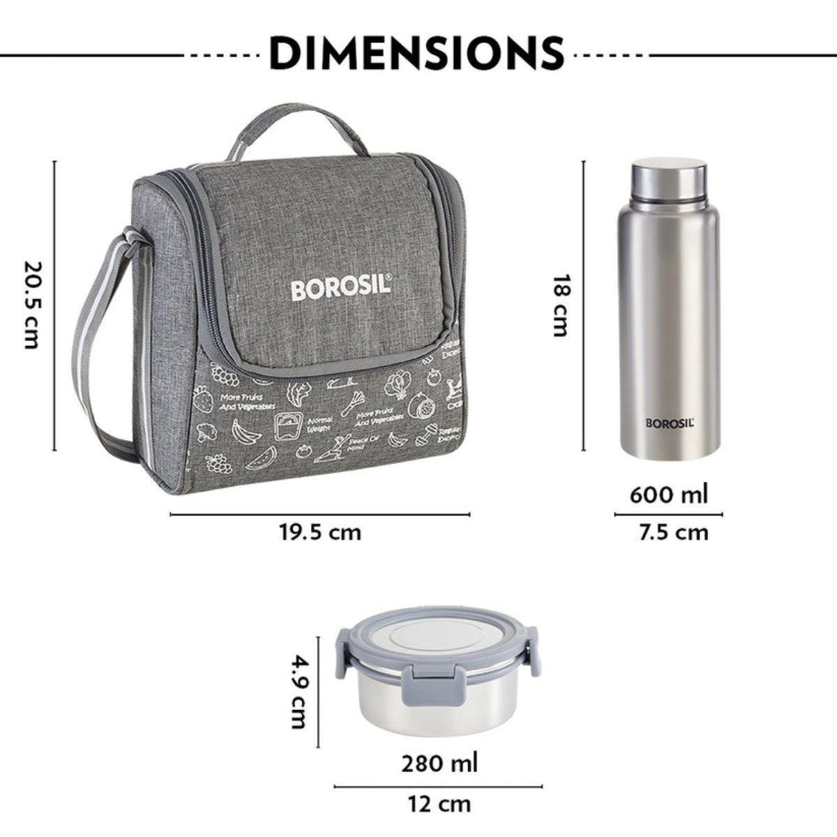 Borosil Slate Round Stainless Steel Lunchbox Set of 4, 280ml x 3 + 600ml (Bottle)