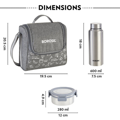 Borosil Slate Round Stainless Steel Lunchbox Set of 4, 280ml x 3 + 600ml (Bottle)