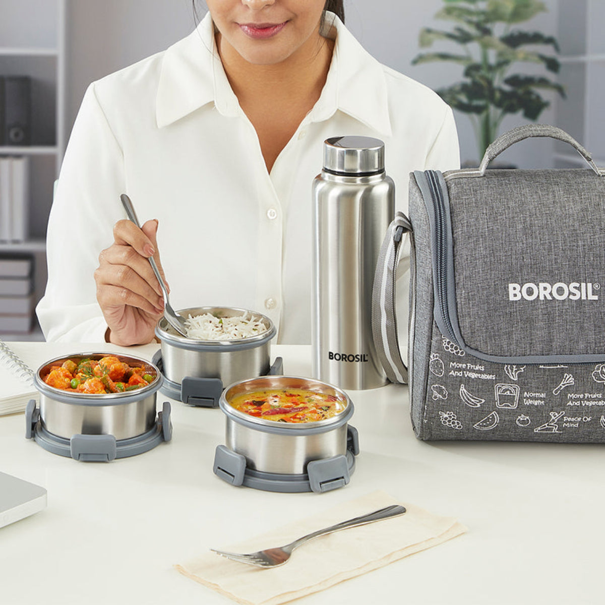 Borosil Slate Round Stainless Steel Lunchbox Set of 4, 280ml x 3 + 600ml (Bottle)