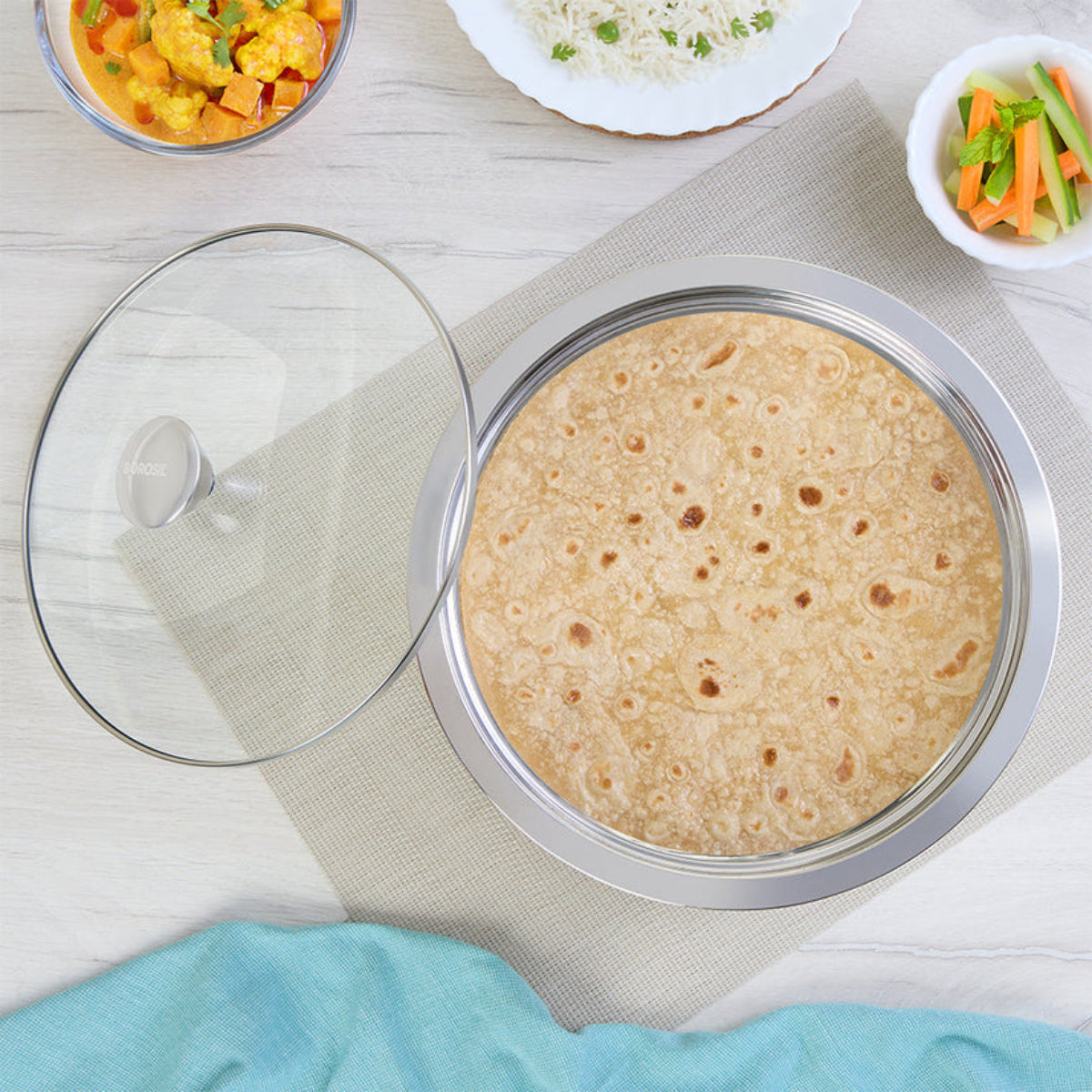 Borosil Servefresh Roti Server With Coaster And Glass Lid