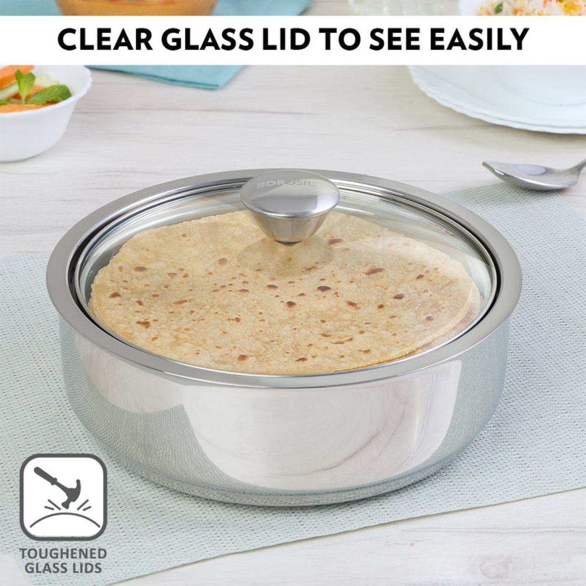 Borosil Servefresh Roti Server With Coaster And Glass Lid