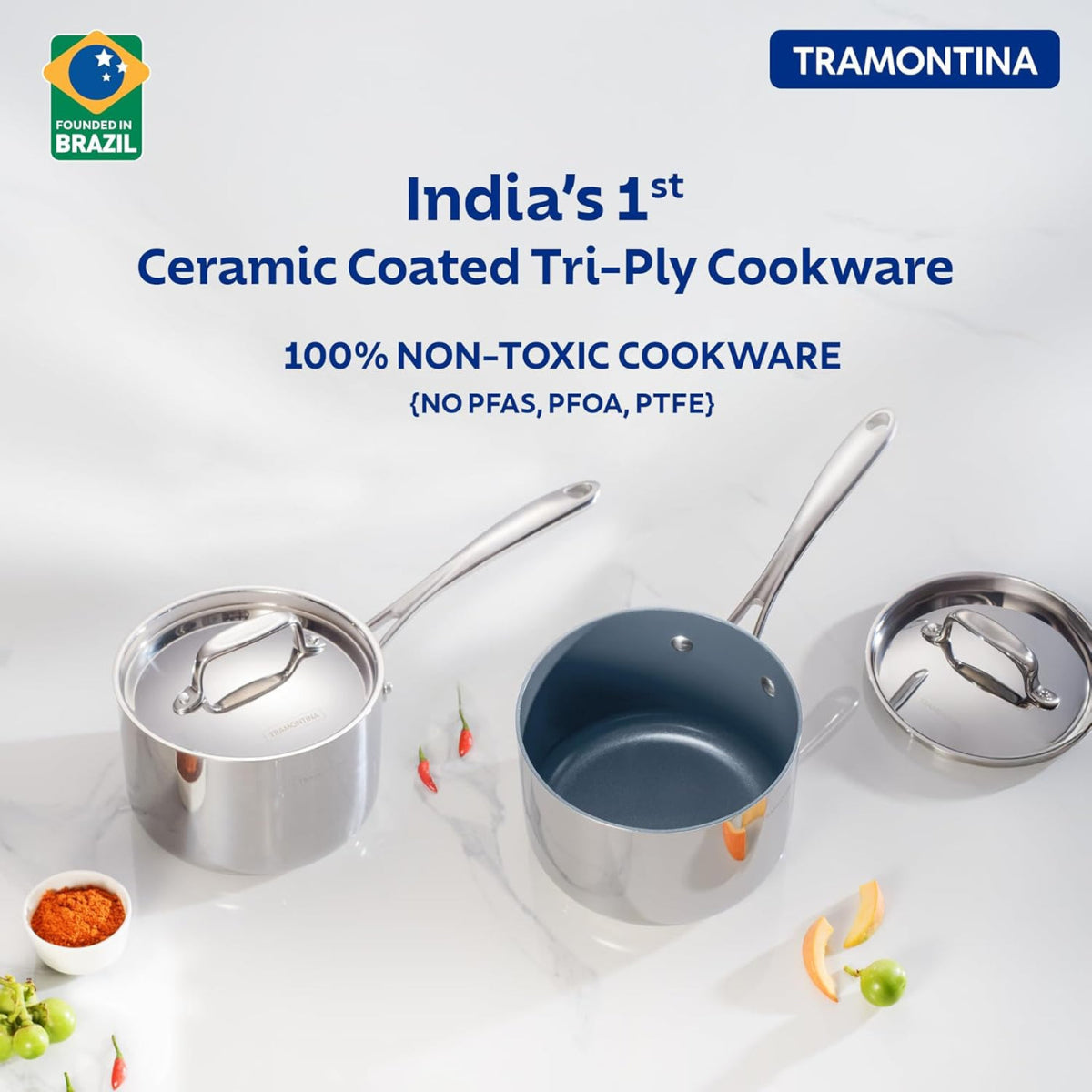 Tramontina Fusao EX+ 16cm Ceramic Stainless Steel Tri-Ply Sauce Pan with SS Lid - 2.1L
