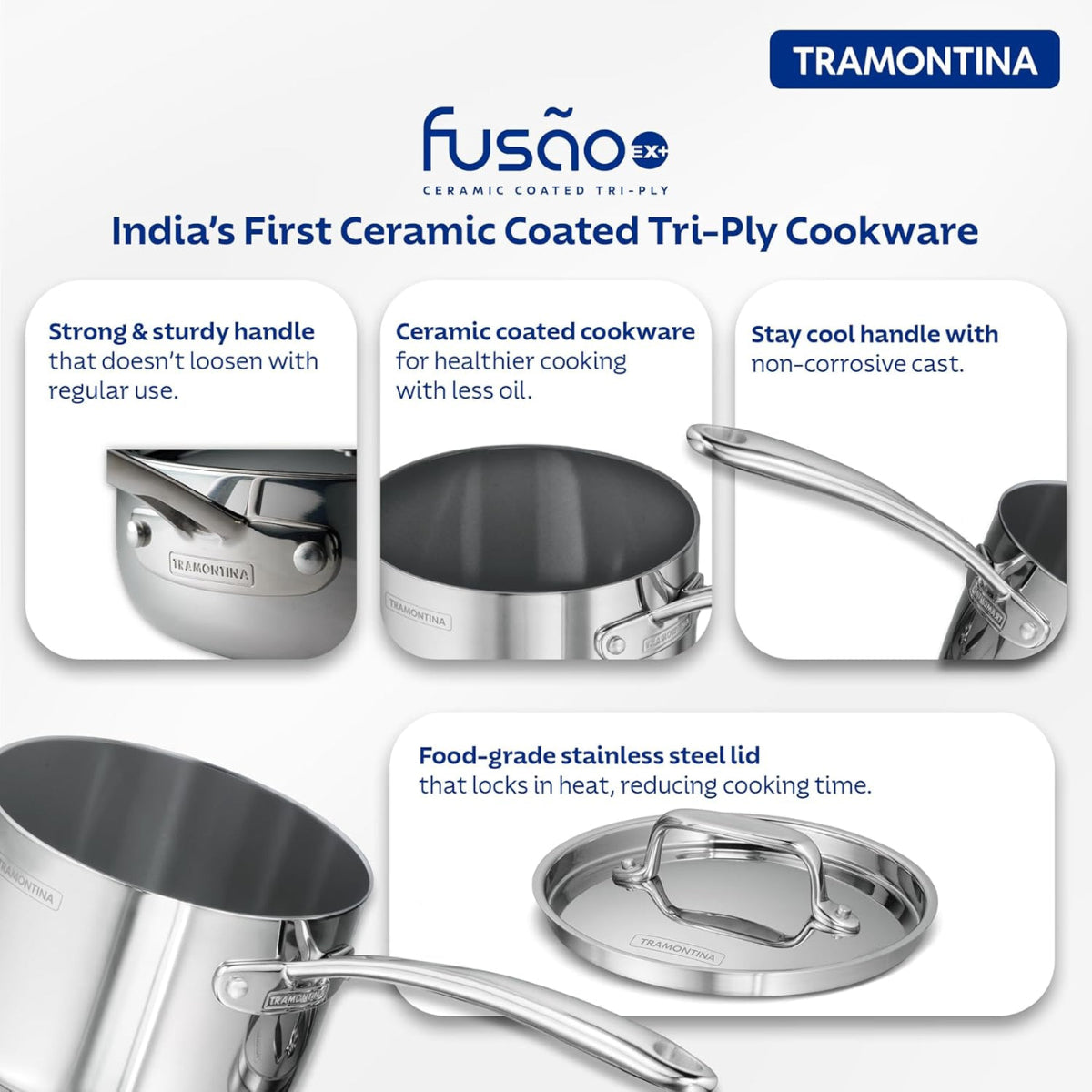 Tramontina Fusao EX+ 16cm Ceramic Stainless Steel Tri-Ply Sauce Pan with SS Lid - 2.1L