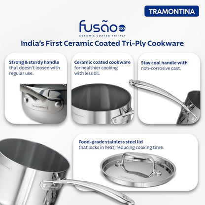 Tramontina Fusao EX+ 16cm Ceramic Stainless Steel Tri-Ply Sauce Pan with SS Lid - 2.1L