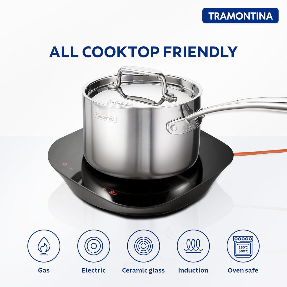 Tramontina Fusao EX+ 16cm Ceramic Stainless Steel Tri-Ply Sauce Pan with SS Lid - 2.1L