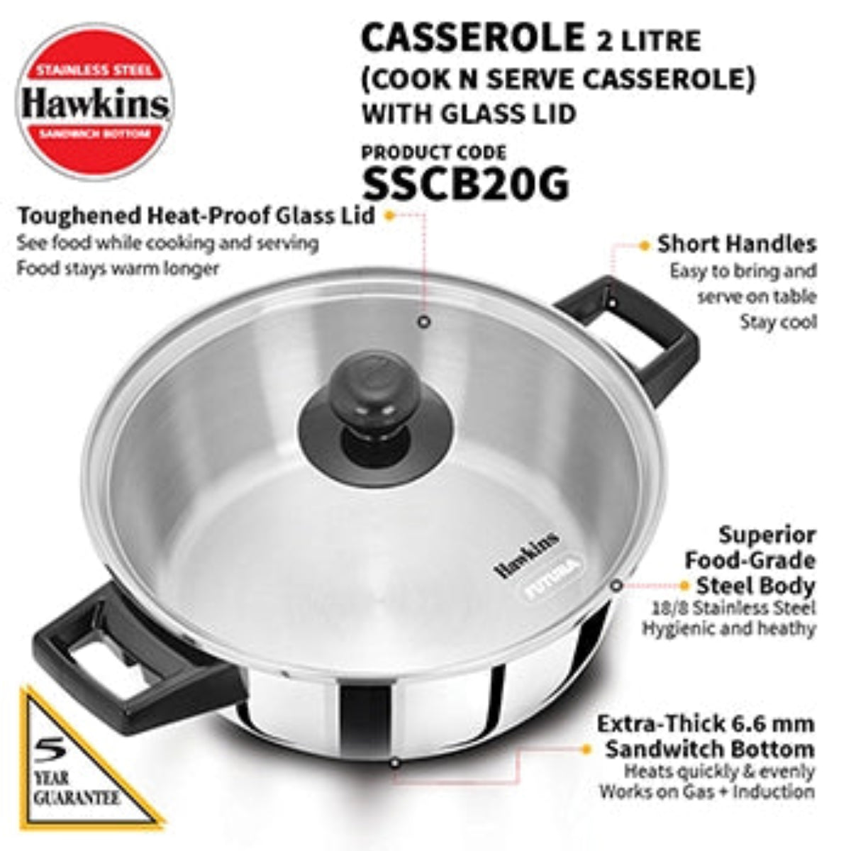 Hawkins Induction Compatible Stainless Steel Cook n Serve Casserole with Glass Lid