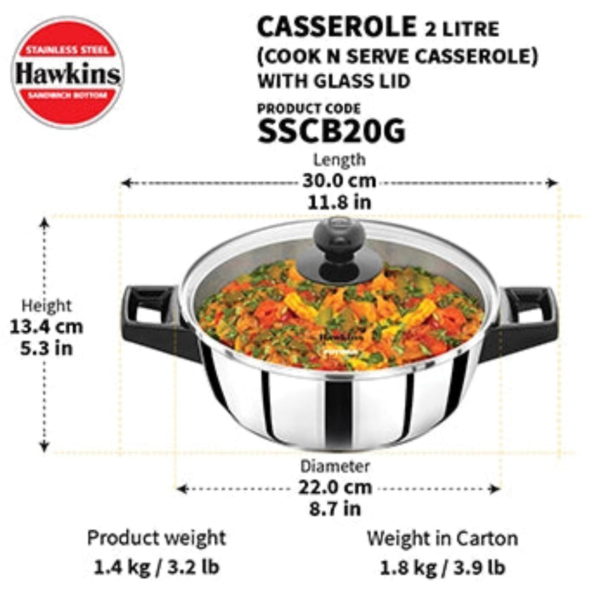 Hawkins Induction Compatible Stainless Steel Cook n Serve Casserole with Glass Lid