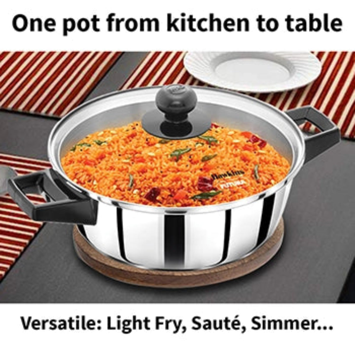 Hawkins Induction Compatible Stainless Steel Cook n Serve Casserole with Glass Lid