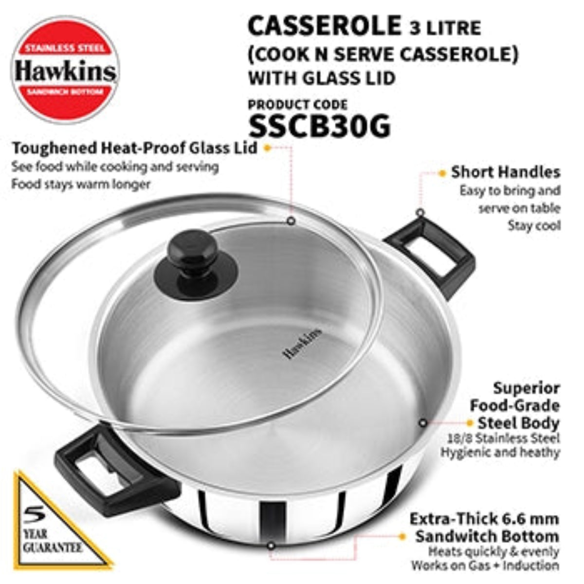 Hawkins Induction Compatible Stainless Steel Cook n Serve Casserole with Glass Lid