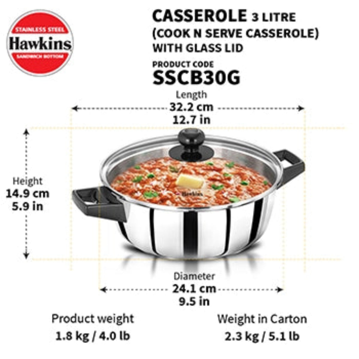 Hawkins Induction Compatible Stainless Steel Cook n Serve Casserole with Glass Lid