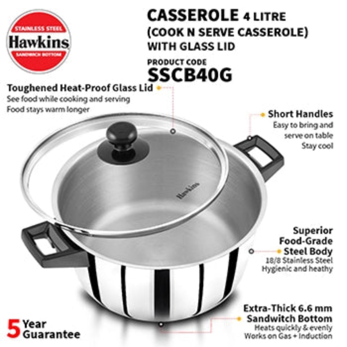 Hawkins Induction Compatible Stainless Steel Cook n Serve Casserole with Glass Lid