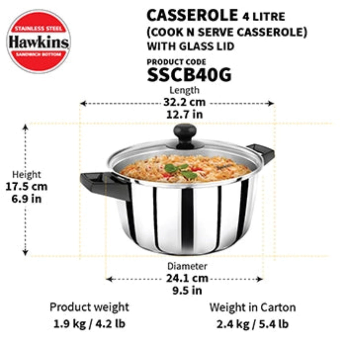 Hawkins Induction Compatible Stainless Steel Cook n Serve Casserole with Glass Lid
