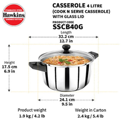 Hawkins Induction Compatible Stainless Steel Cook n Serve Casserole with Glass Lid