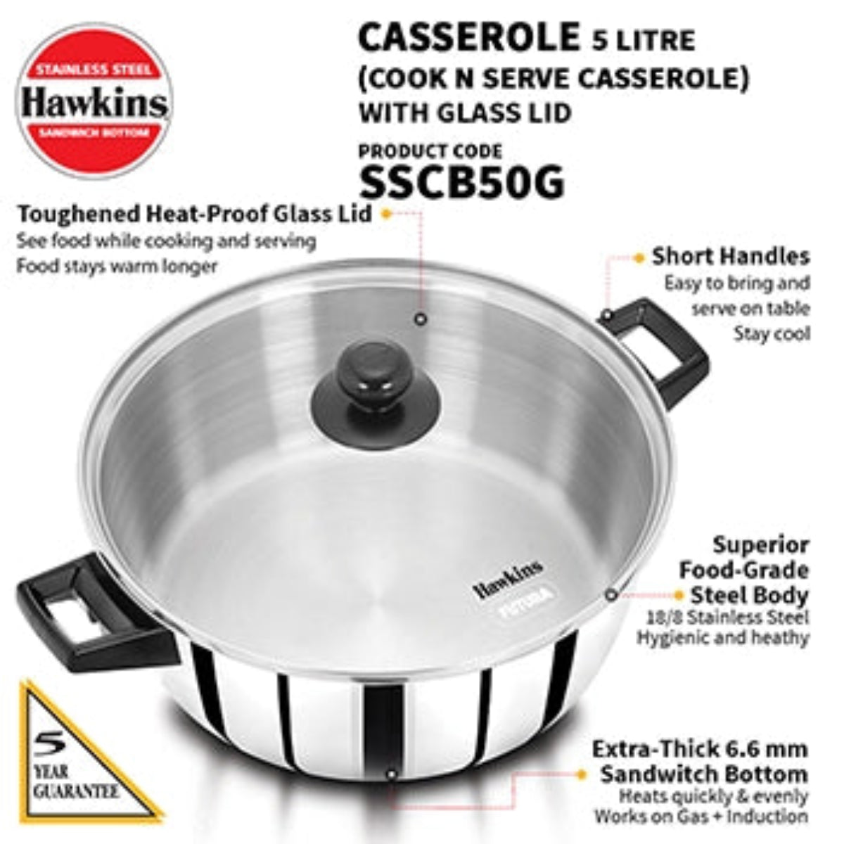 Hawkins Induction Compatible Stainless Steel Cook n Serve Casserole with Glass Lid