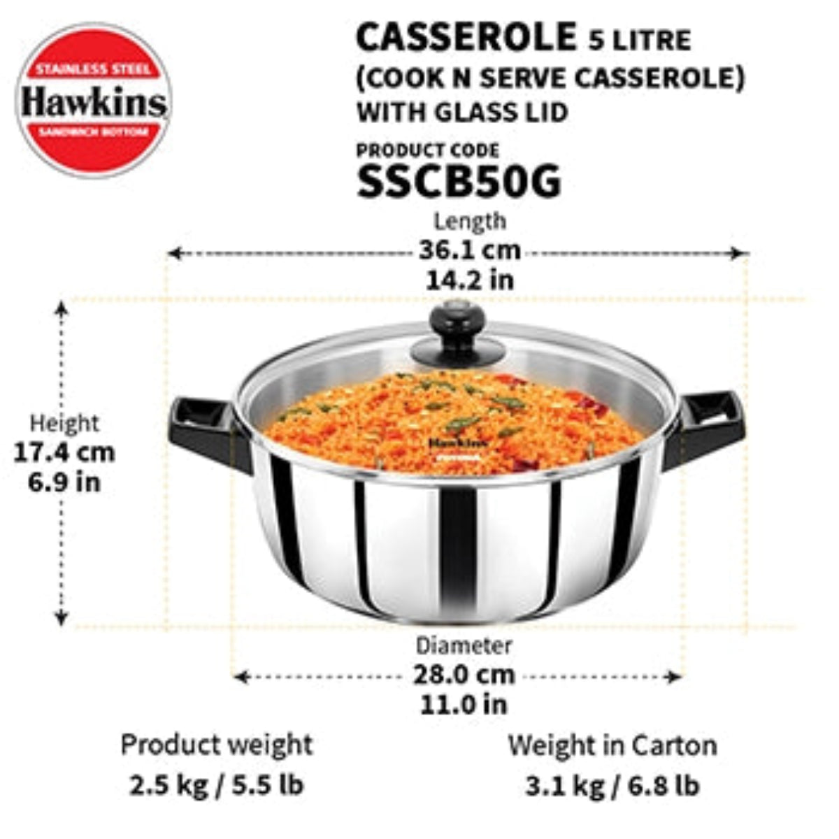 Hawkins Induction Compatible Stainless Steel Cook n Serve Casserole with Glass Lid