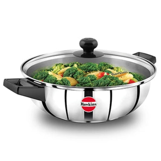 Hawkins Induction Compatible Stainless Steel Cook n Serve Frying Pan 3 Litre with Glass Lid (SSF3LG)