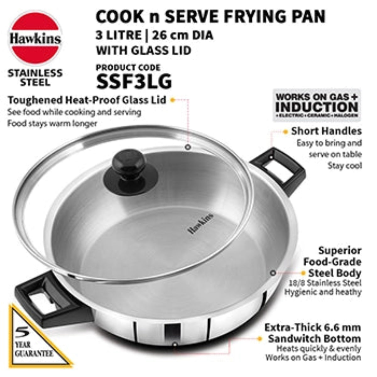Hawkins Induction Compatible Stainless Steel Cook n Serve Frying Pan 3 Litre with Glass Lid (SSF3LG)