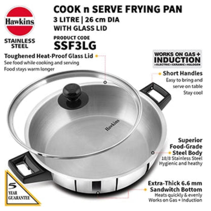 Hawkins Induction Compatible Stainless Steel Cook n Serve Frying Pan 3 Litre with Glass Lid (SSF3LG)