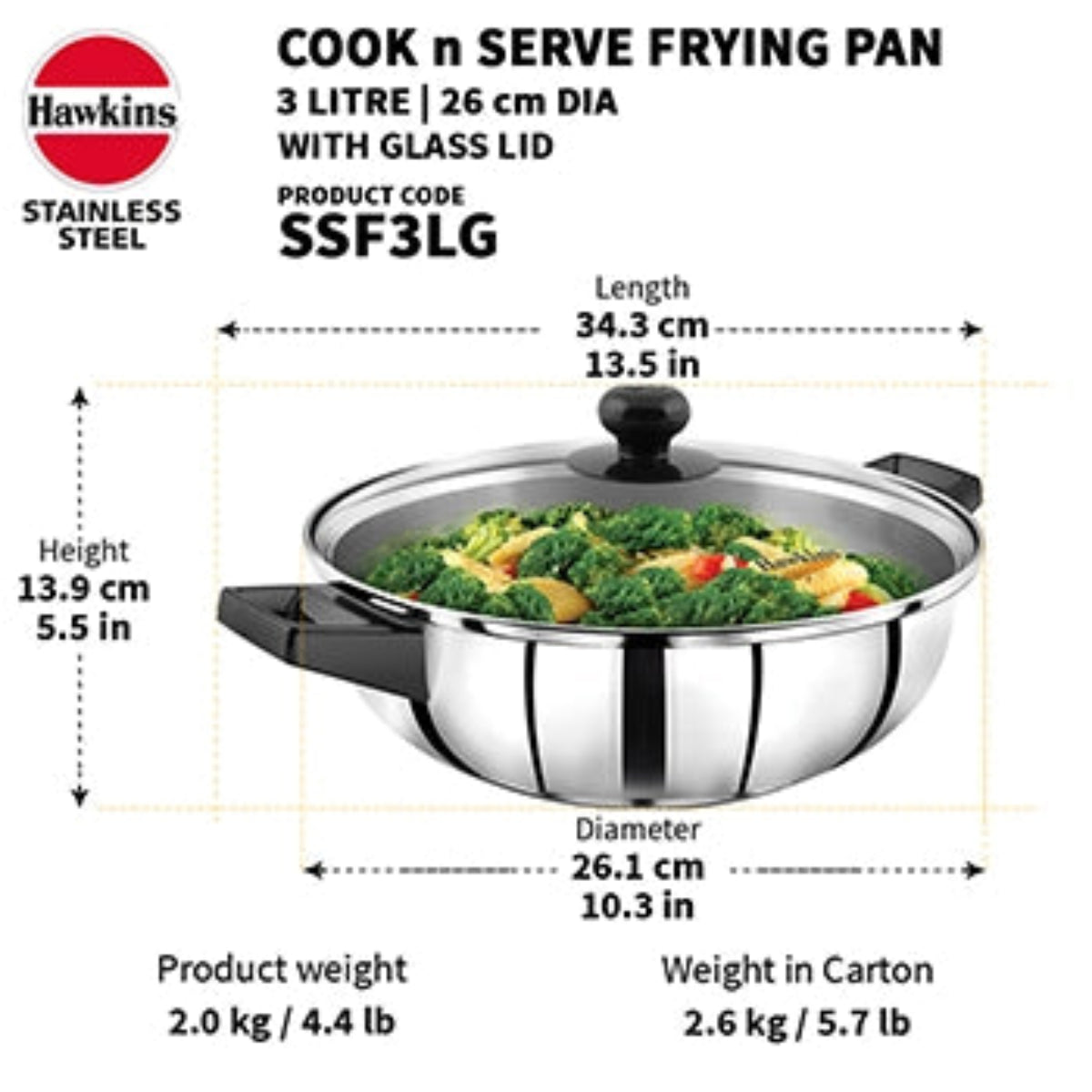Hawkins Induction Compatible Stainless Steel Cook n Serve Frying Pan 3 Litre with Glass Lid (SSF3LG)
