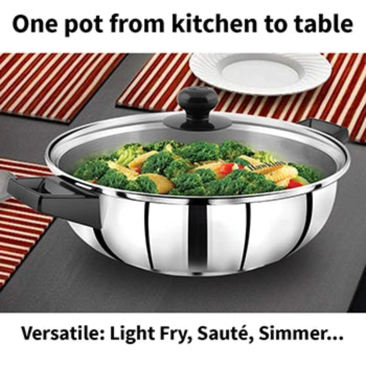 Hawkins Induction Compatible Stainless Steel Cook n Serve Frying Pan 3 Litre with Glass Lid (SSF3LG)