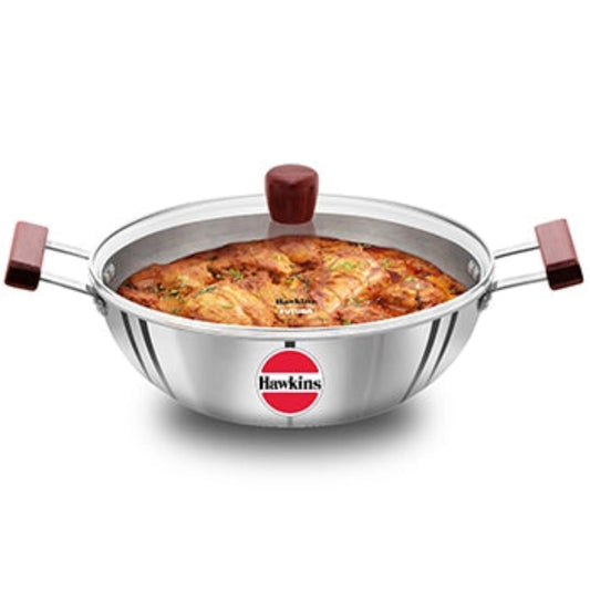 Hawkins Induction Compatible SS Tri-ply Deep Kadhai 5 Litre with Glass Lid