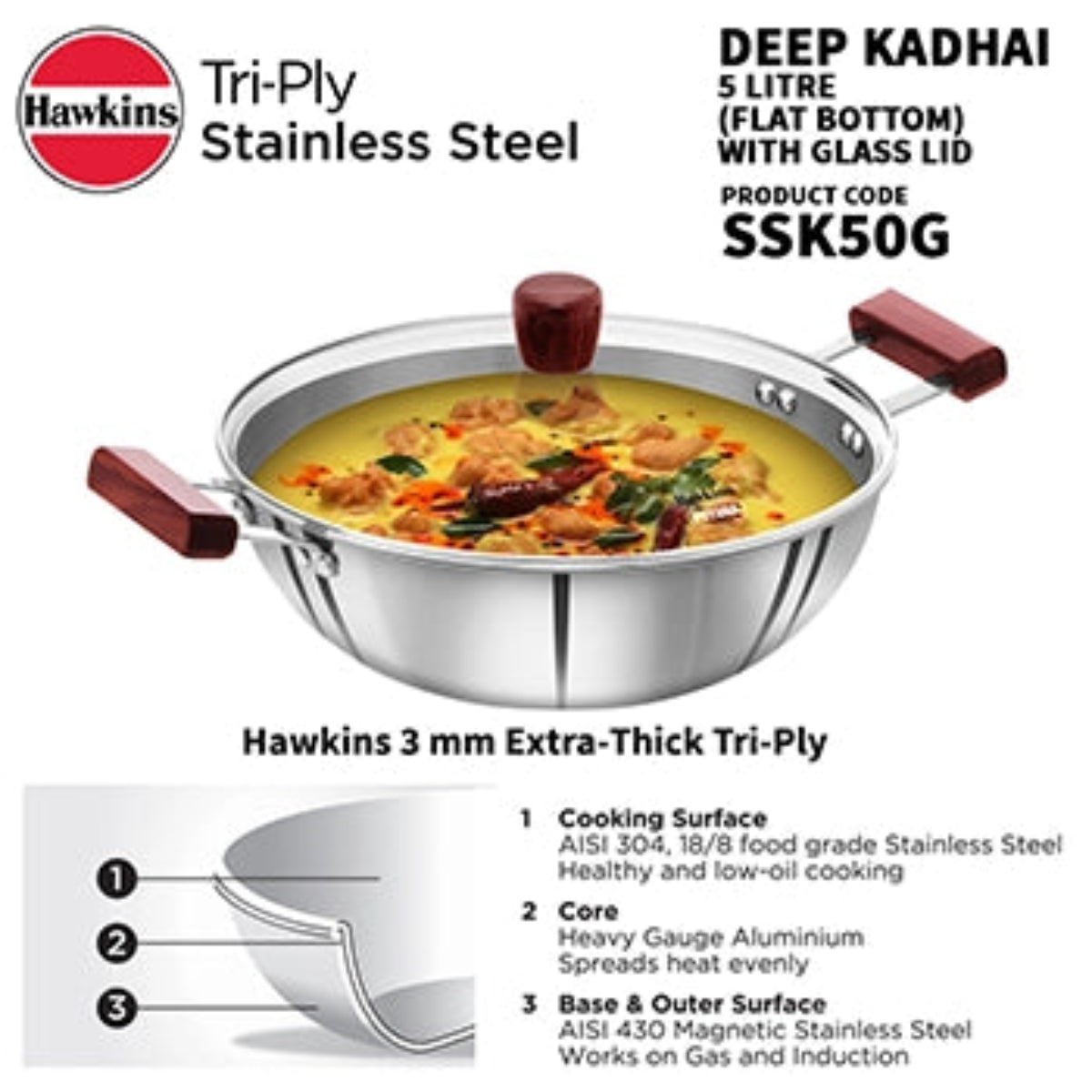Hawkins Induction Compatible SS Tri-ply Deep Kadhai 5 Litre with Glass Lid