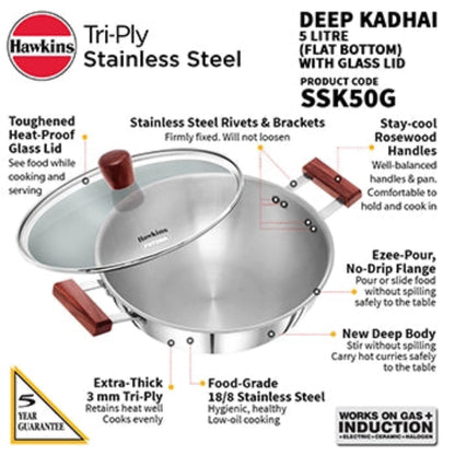 Hawkins Induction Compatible SS Tri-ply Deep Kadhai 5 Litre with Glass Lid
