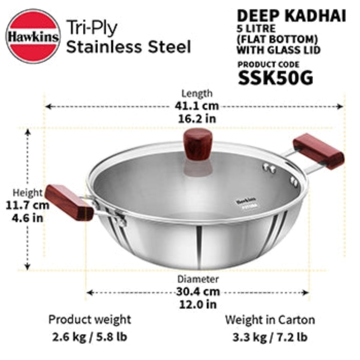 Hawkins Induction Compatible SS Tri-ply Deep Kadhai 5 Litre with Glass Lid