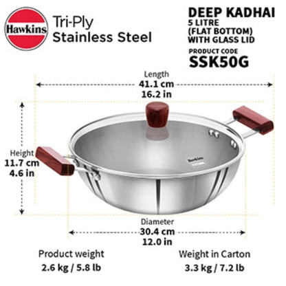 Hawkins Induction Compatible SS Tri-ply Deep Kadhai 5 Litre with Glass Lid