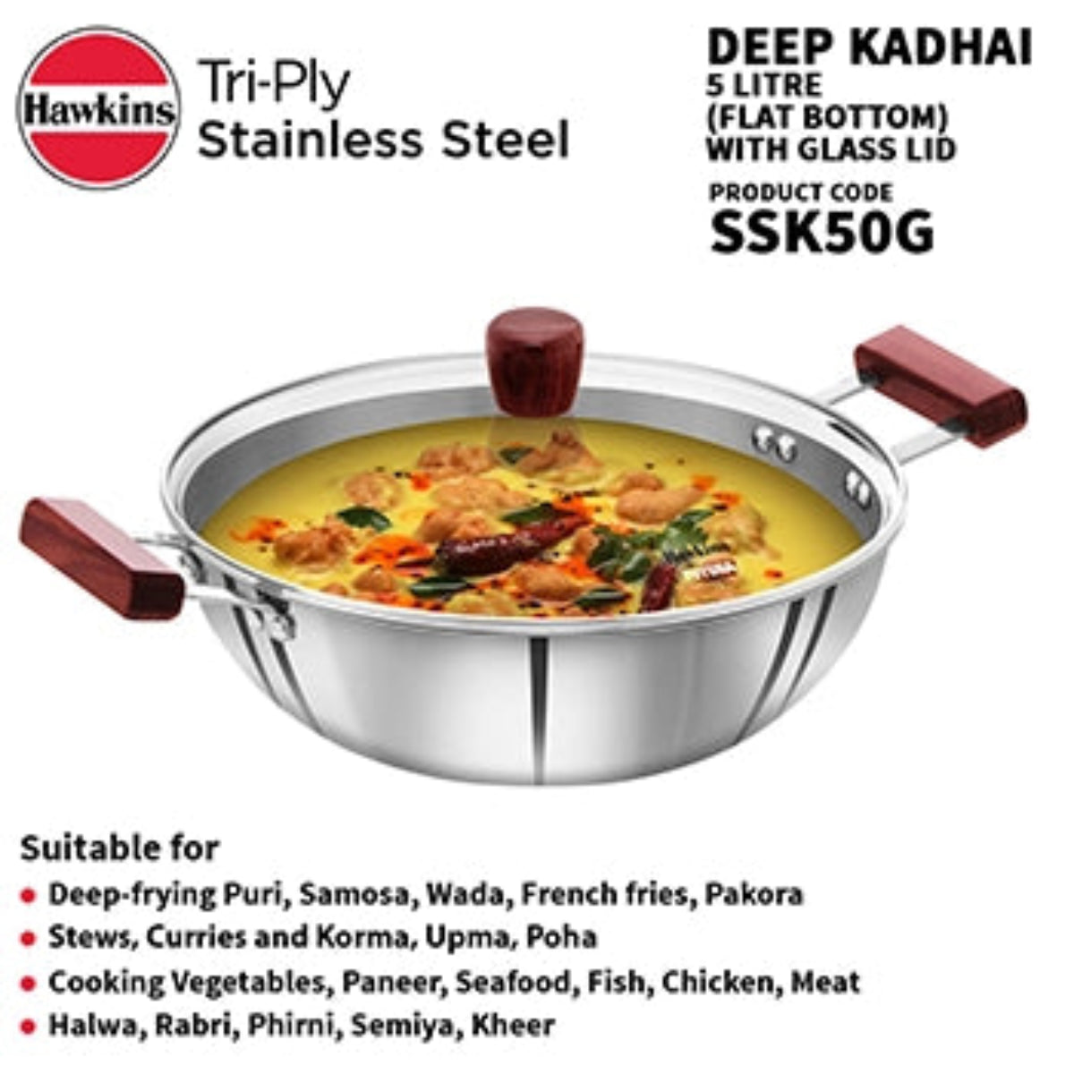 Hawkins Induction Compatible SS Tri-ply Deep Kadhai 5 Litre with Glass Lid