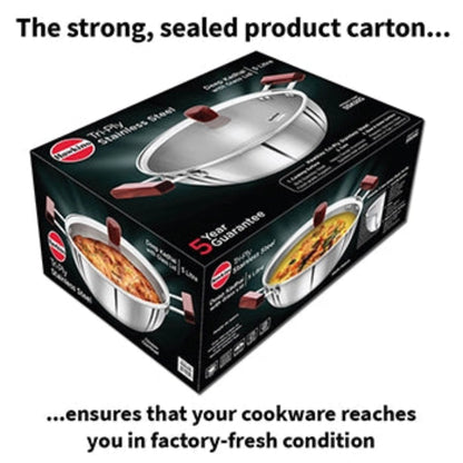Hawkins Induction Compatible SS Tri-ply Deep Kadhai 5 Litre with Glass Lid