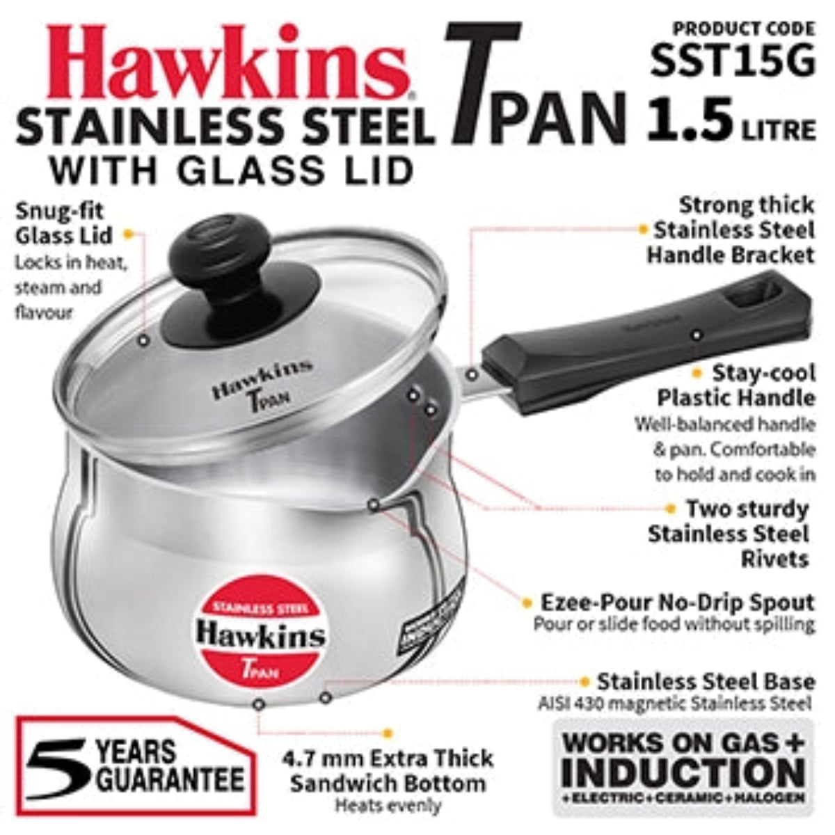 Hawkins Induction Compatible Stainless Steel T Pan 1.5 Litre (4.7 mm Thick)