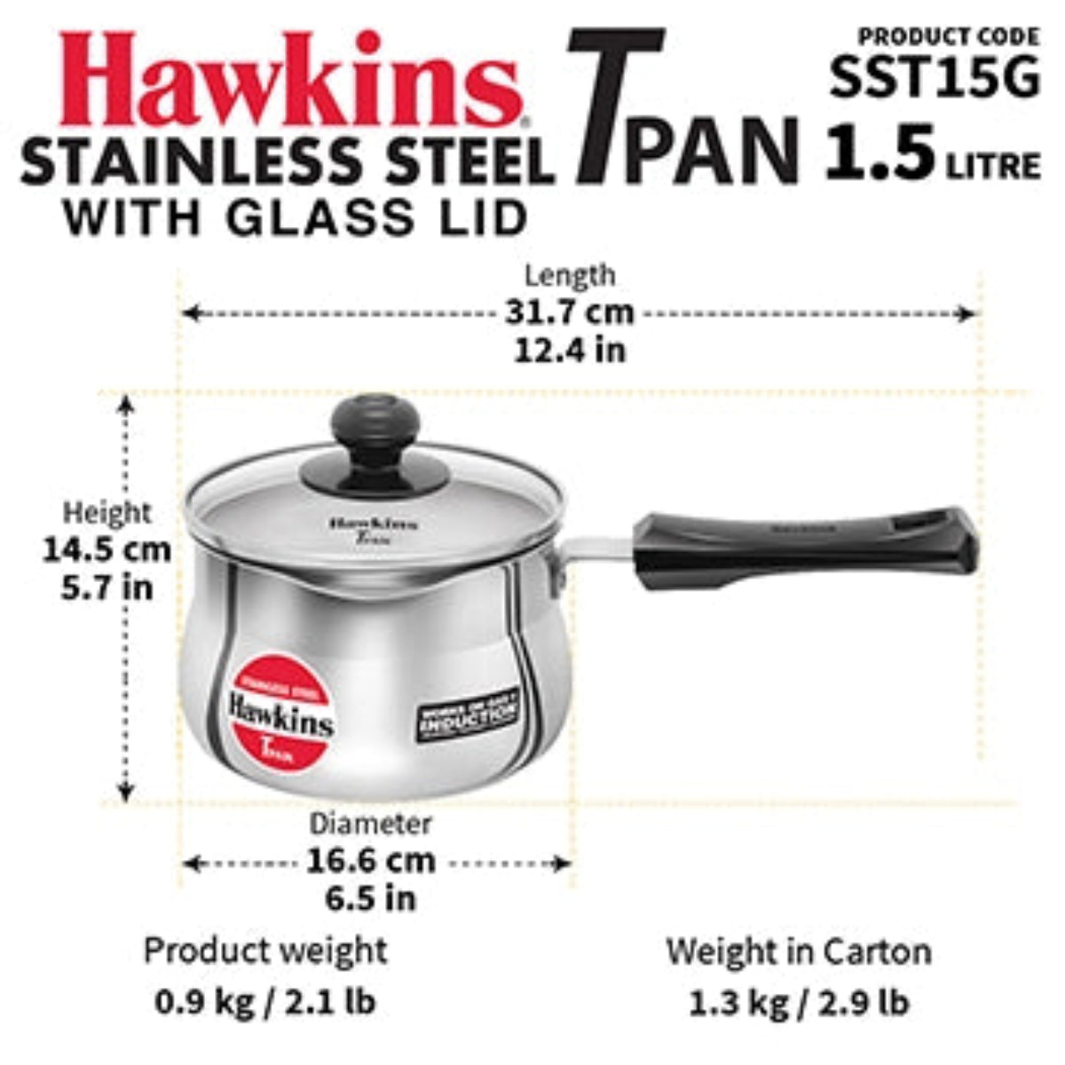 Hawkins Induction Compatible Stainless Steel T Pan 1.5 Litre (4.7 mm Thick)