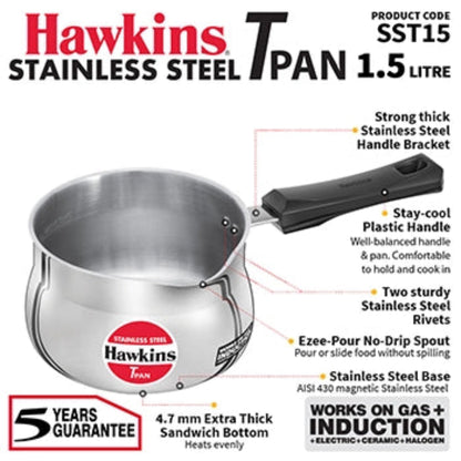 Hawkins Induction Compatible Stainless Steel T Pan 1.5 Litre (4.7 mm Thick)
