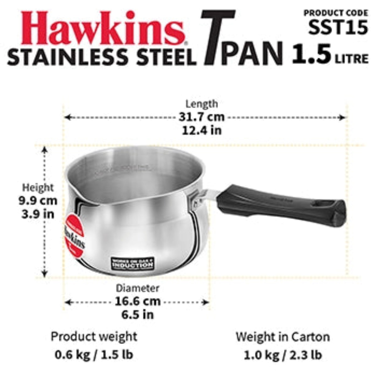 Hawkins Induction Compatible Stainless Steel T Pan 1.5 Litre (4.7 mm Thick)