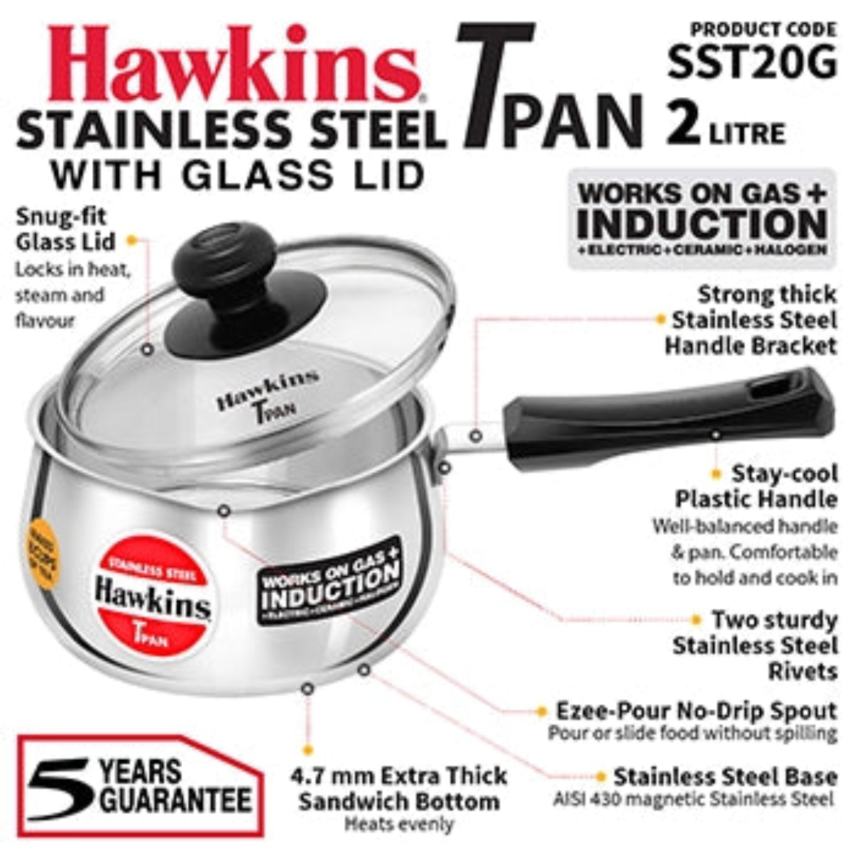 Hawkins Induction Compatible Stainless Steel T Pan 2 Litre