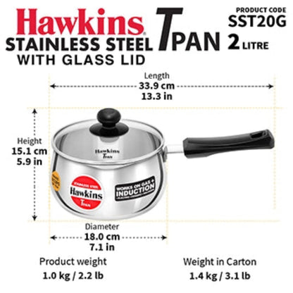 Hawkins Induction Compatible Stainless Steel T Pan 2 Litre