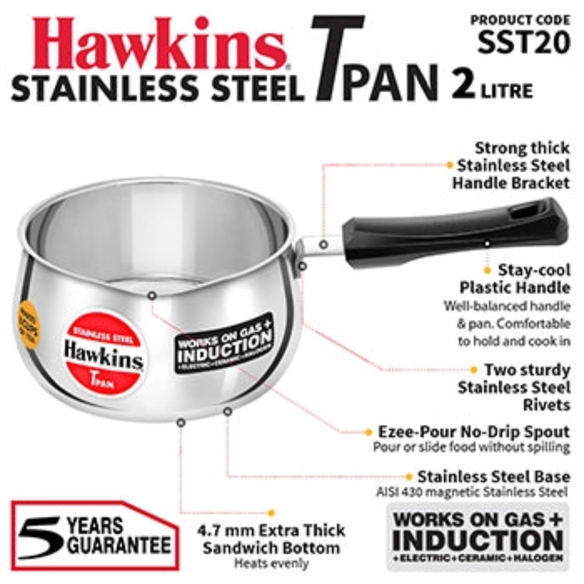 Hawkins Induction Compatible Stainless Steel T Pan 2 Litre