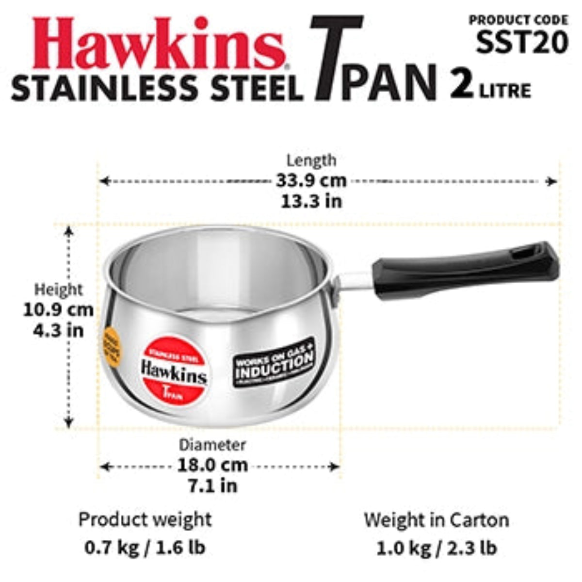 Hawkins Induction Compatible Stainless Steel T Pan 2 Litre