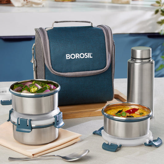 Borosil Superfresh Stainless Steel Lunchbox with Bottle Set of 4, 310ml x 3 + 600ml Bottle