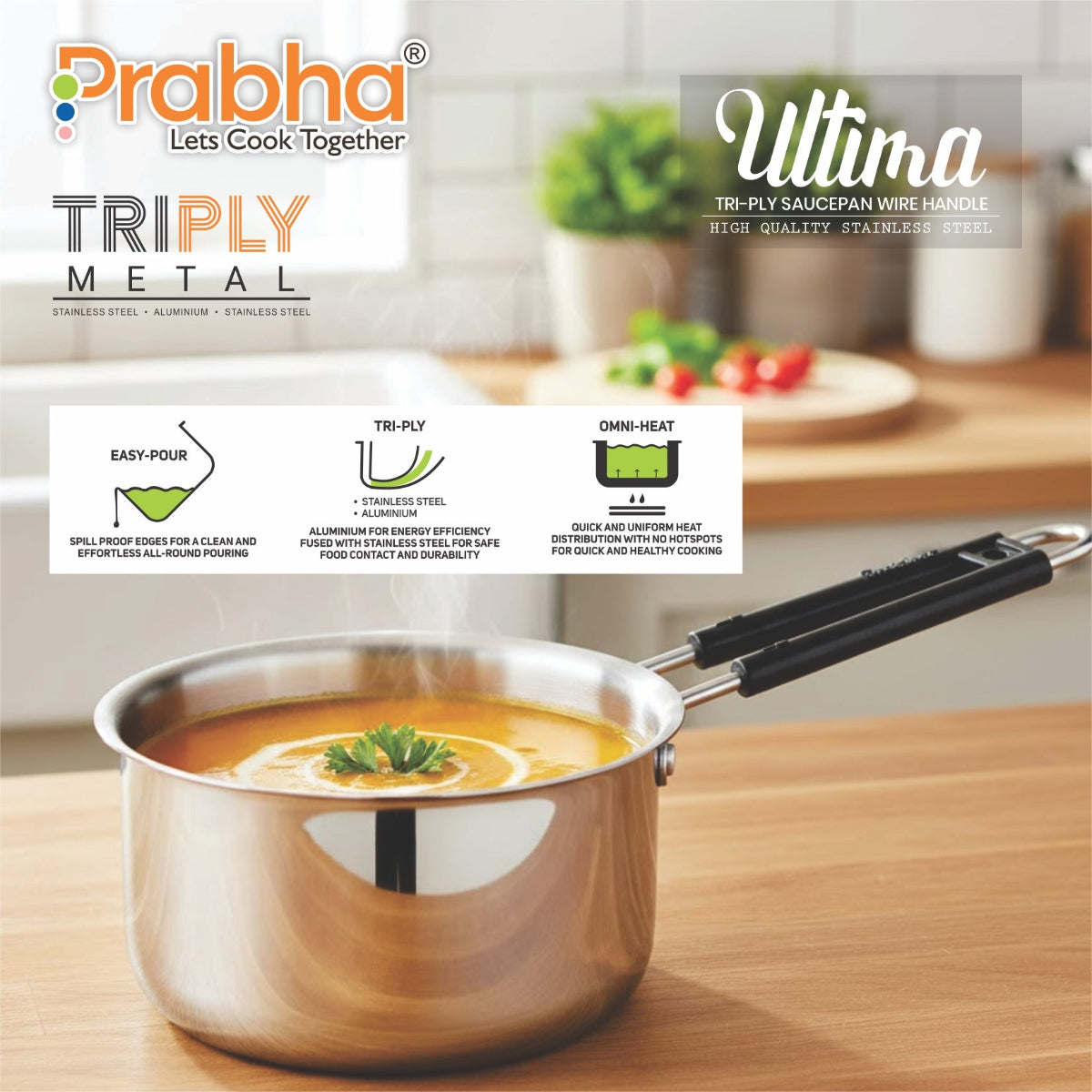 Prabha Ultima Triply Saucepan Wire Handle Without Lid