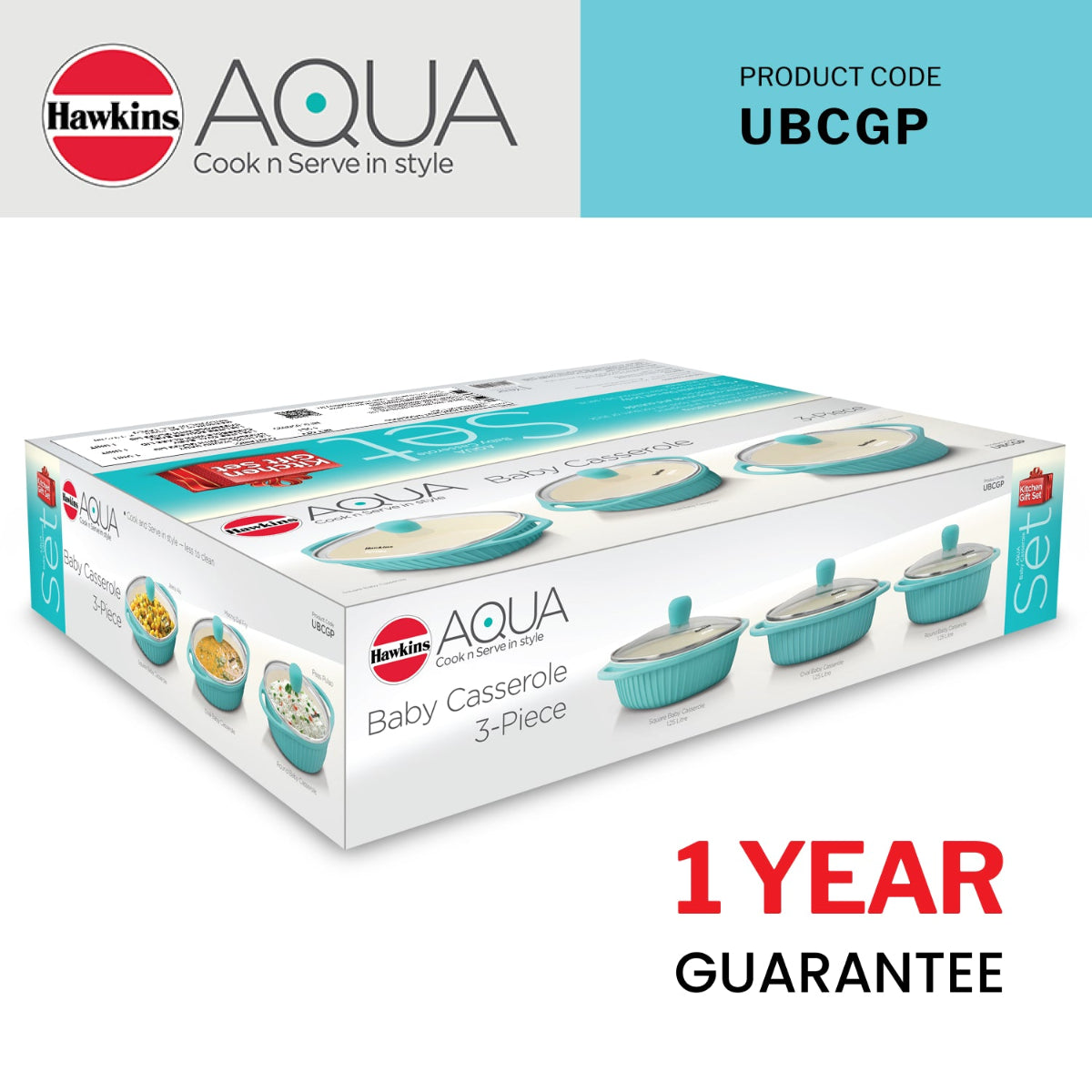 Hawkins Aqua 3-Piece Gift Set of 1.25 Litre Baby Casserole (UBCGP)