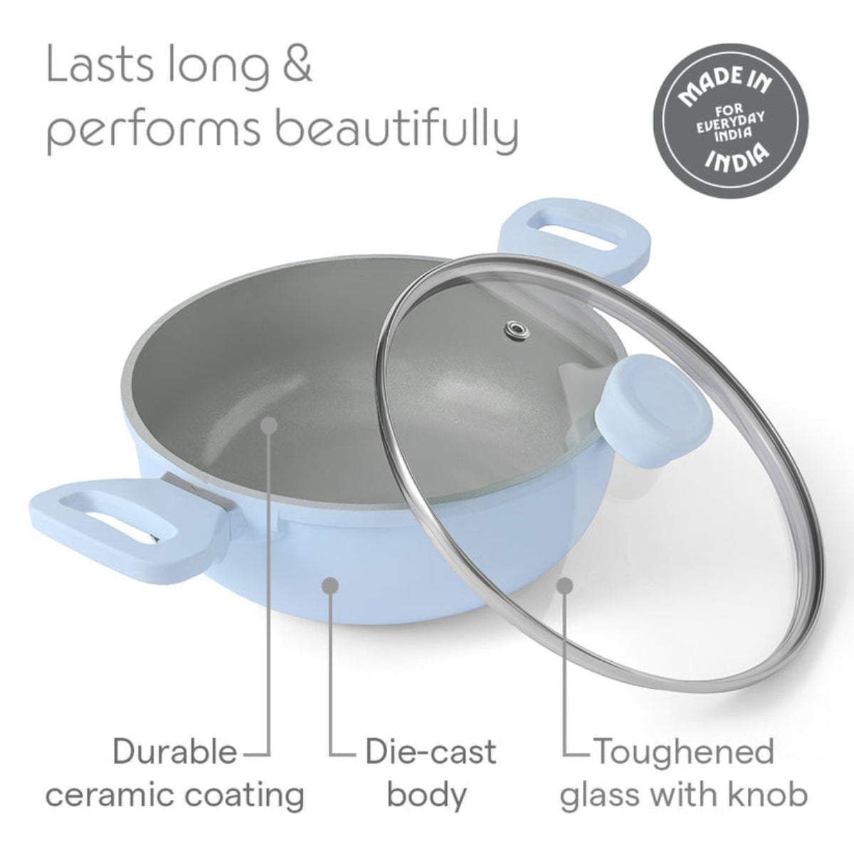 Borosil Vajra Ceramic Deep Kadhai With Lid