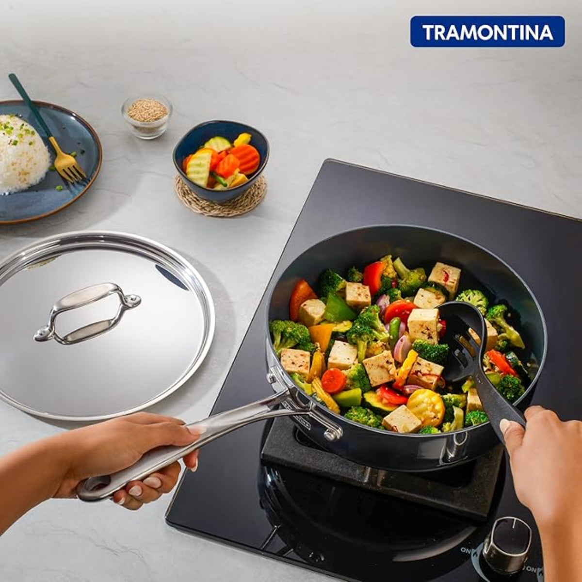 Tramontina Fusao EX+ 24cm Triply Ceramic Deep Sauté Pan with SS Lid