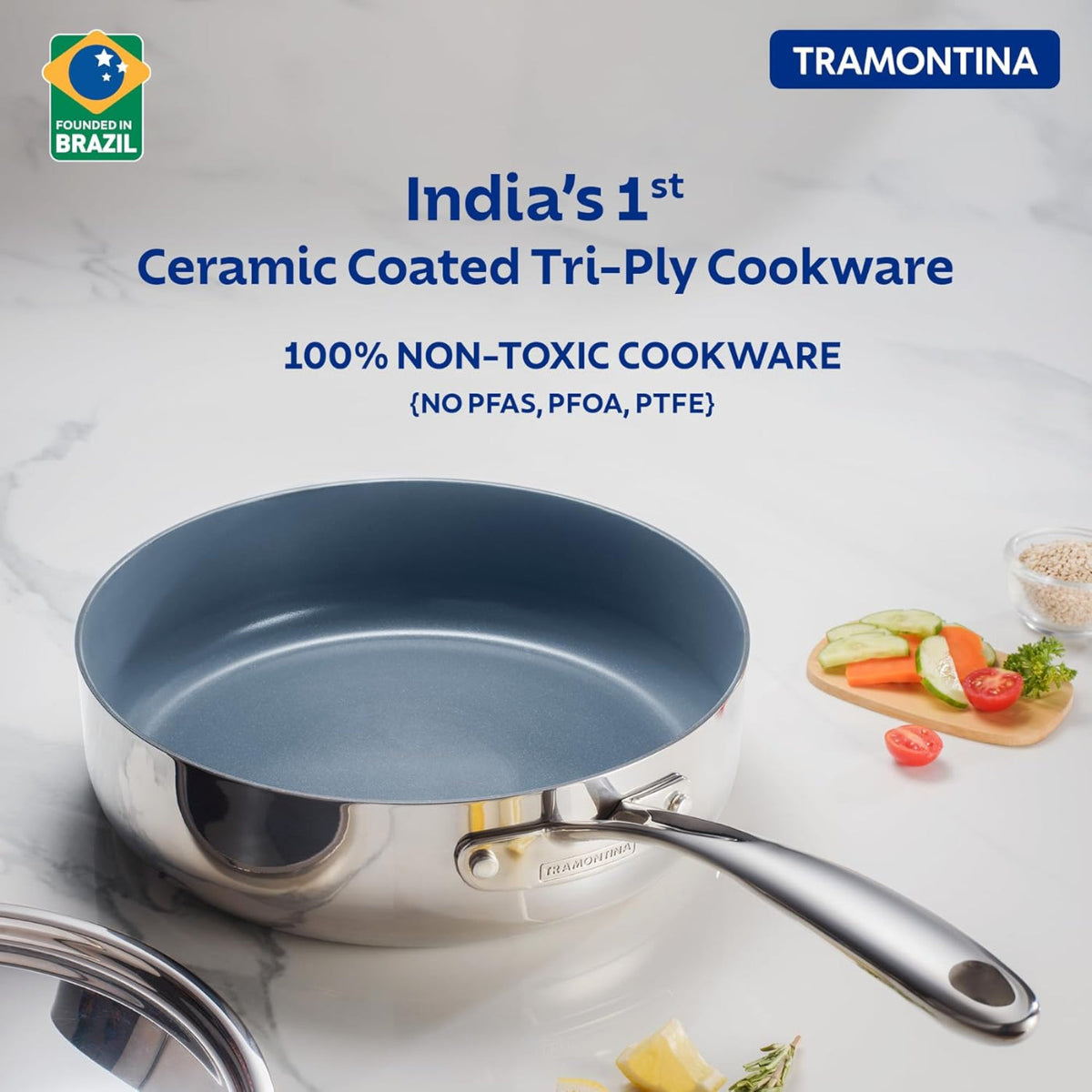 Tramontina Fusao EX+ 24cm Triply Ceramic Deep Sauté Pan with SS Lid